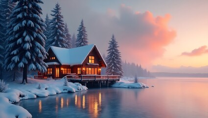 Fototapeta premium Snow-covered wooden chalet with warm glowing windows