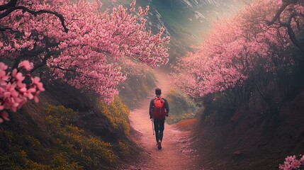 Obraz premium Traveler with a backpack walking on a scenic trail surrounded by spring bloom, adventure mood 