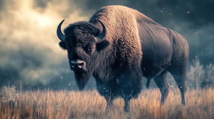 Majestic bison portrait in meadow