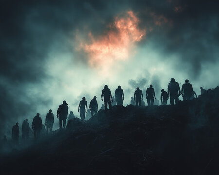 Group of survivors standing against a horde of zombies in a desolate landscape