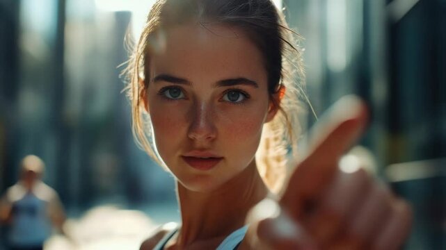 A young woman in a sporty top and shorts is d in a dynamic pose, with her finger raised as if giving directions or making a point. The shows an urban setting during the day.