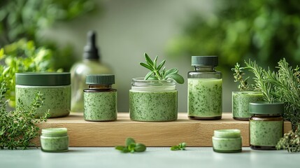 Assorted houseplants in diverse pots on wooden shelf against green foliage backdrop