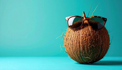 Playful minimalist summer concept featuring a coconut with sunglasses against a vibrant turquoise backdrop