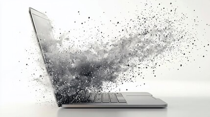 Laptop exploding into dust;  data loss concept; white background; tech failure