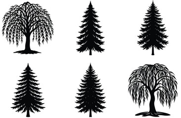 Fototapeta premium A green vector set features silhouettes of various trees, including pine and palm, alongside leafy foliage illustrations