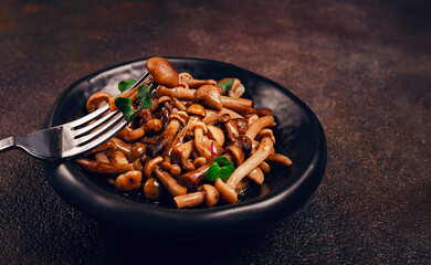 pickled honey mushrooms, in a bowl, homemade, top view, no people,