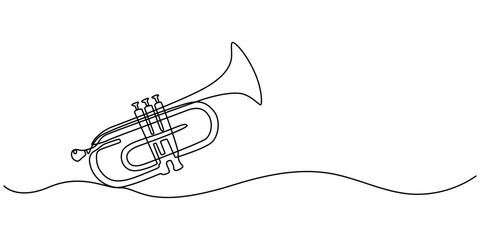 One line drawing of trumpet design. Classical jazz music instrument. Vector illustration simple continuous outline style, One single line drawing of luxury bass trombone. Wind music instruments style.