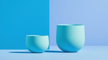 Two light blue vases of different sizes stand against a blue background.