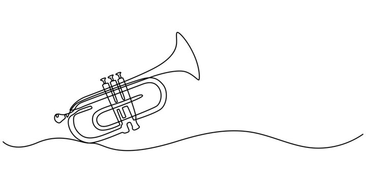 One line drawing of trumpet design. Classical jazz music instrument. Vector illustration simple continuous outline style, One single line drawing of luxury bass trombone. Wind music instruments style.