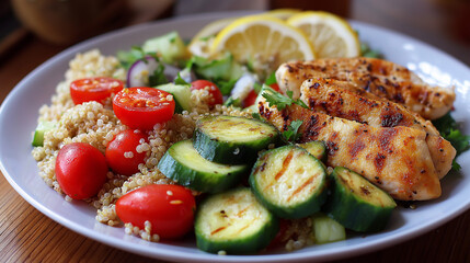 Healthy grilled chicken breast served with quinoa salad, fresh cucumber, cherry tomatoes, red onion, and lemon slices on white plate

