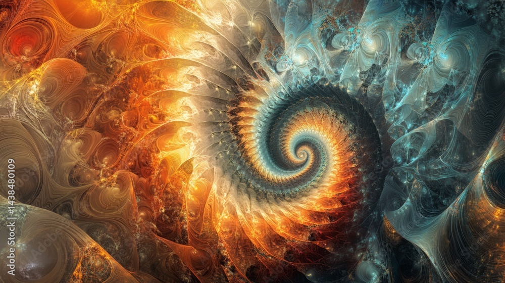 Poster dynamic spiral art creation abstract digital realm fractal patterns vivid color palette close-up vie