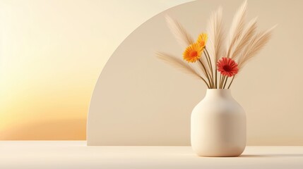 A white vase with flowers sits on a white shelf against a beige wall.