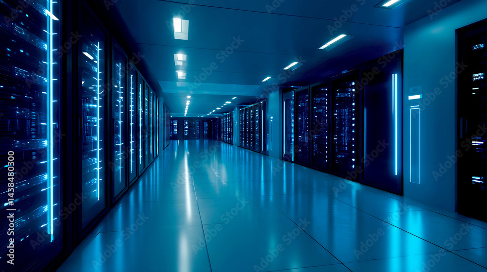 Poster futuristic data center hallway with glowing blue led lights and rows of servers : generative ai