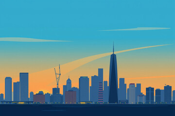 Naklejka premium Serene cityscape at sunset with towering skyscrapers against vibrant blue and orange gradient sky
