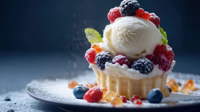A delightful dessert of a chocolate cake sundae, featuring whipped cream and a drizzle of golden syrup, topped with vivid berry compote, luscious slices of fresh fruit, and a scoop of creamy vanilla