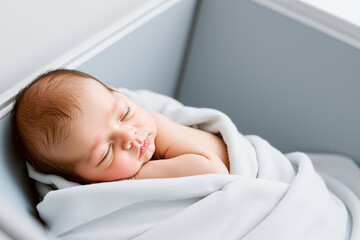 Serene newborn baby sleeping peacefully wrapped in a soft white blanket in crib