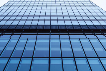 Fototapeta premium A towering skyscraper facade featuring a grid of reflective blue glass windows and panels