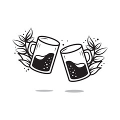 Monochrome Beverage Glasses Illustration With Botanical Elements and Leaf Design