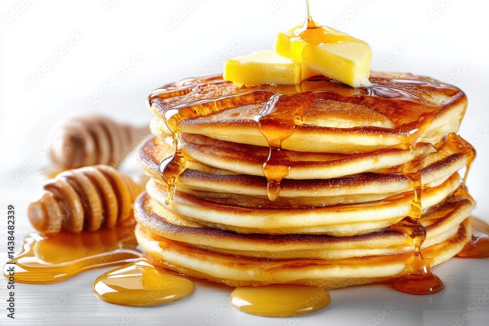 Poster stack of fluffy pancakes drizzled with syrup and topped with melting butter on a white background, p