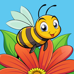 A cute yellow cartoon bee, a happy insect with wings, flies near sweet flowers in a vector illustration of nature