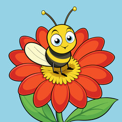 A cute yellow cartoon bee, a happy insect with wings, flies near sweet flowers in a vector illustration of nature