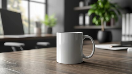 Coffee mug mockup with a slogan printed on a sleek, modern cup on a desk