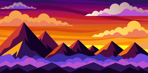 Egyptian desert sunset with pyramids in a sandy mountain landscape under a vast sky