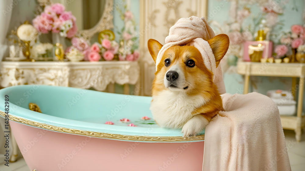 Poster adorable corgi enjoying a relaxing bath in a stylish pink tub with a fluffy towel on its head : gene