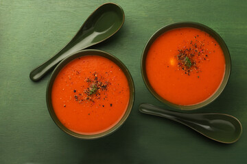Tomato soup served in a ceramic bowl