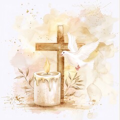 Flying dove birds with cross for baptism or first communion card Isolated on watercolor green splashes stains background