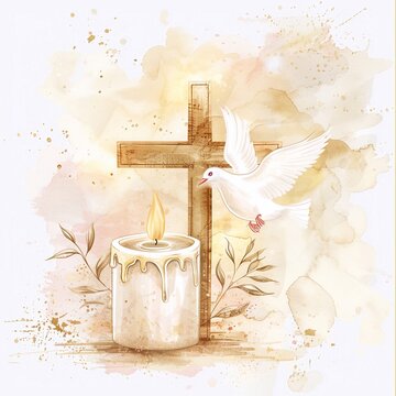Flying dove birds with cross for baptism or first communion card Isolated on watercolor green splashes stains background