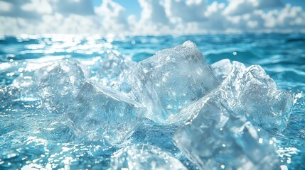 Obraz premium Sparkling ice pieces in blue ocean water, sunny sky