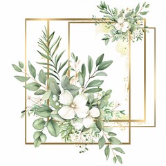 Graphic Spring Floral Arrangements, Golden frame and foliage watercolor on white background