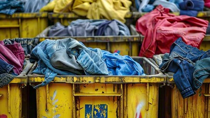 Overflowing yellow bins filled with used clothing in recycling center under daylight. Concept of textile waste, clothes donation, humanitarian aid and fast fashion impact