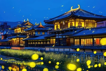 Vibrant night scene of traditional architecture with glowing lanterns.