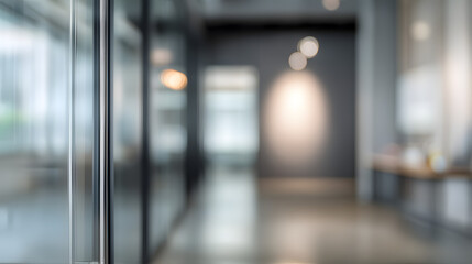 Blurred office interior with glass door modern workspace minimalistic design bright ambiance