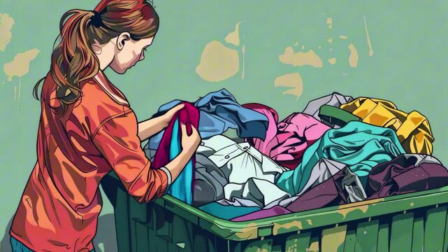 Digital illustration of woman sorting clothes in overflowing green donation bin against muted background. Concept of fast fashion critique and environmental awareness