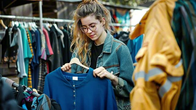 Young woman in glasses browsing second-hand clothing rack in open-air market wearing denim jacket. Concept of mindful fashion, garage sale, swap party, flea market and vintage style