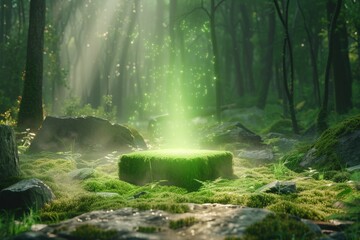 Obraz premium Mystical forest scene with glowing light and lush greenery.