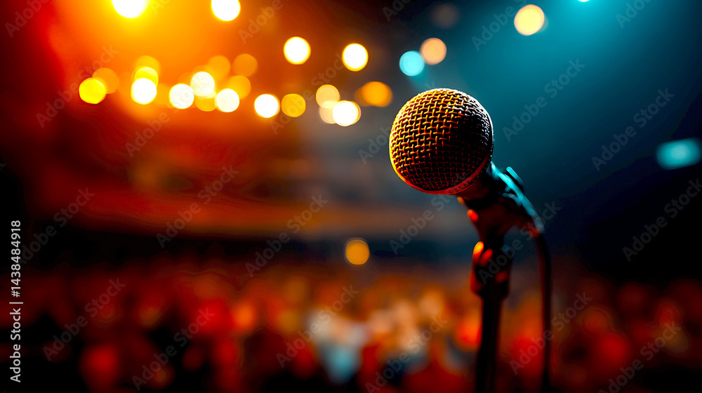 Aufkleber Closeup view of a microphone on stage highlighting the anticipation before a live performance or speech : Generative AI