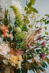 Vibrant floral arrangement with various colors and textures in a soft-focused background
