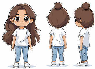 Vector illustration of a little girl with long hair in different poses.
