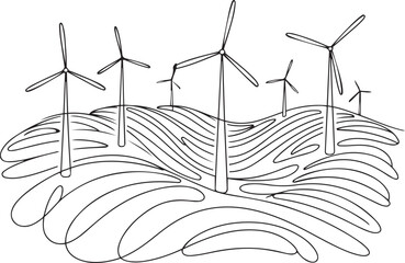 A black continuous line art drawing of rolling hills and wind turbines generating clean renewable energy emphasizing environmental conservation isolated on a bright white background
