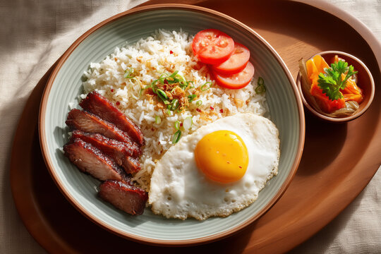 Classic Filipino silog breakfast plate with garlic fried rice, sweet cured pork, and sunny side up egg.

