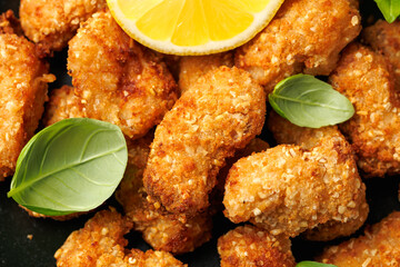 Crispy breaded scampi nuggets with sauce on plate