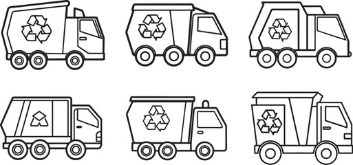 set of recycling truck line art, black outline, vector and illustration, coloring book page line art drawing