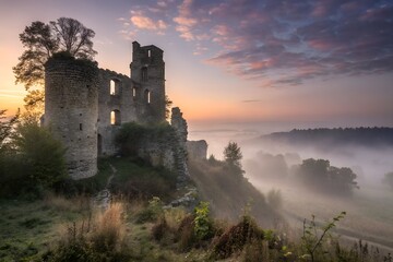 Abandoned Castle Ruins Covered In Fog At Sunrise