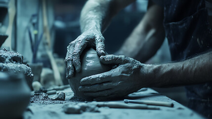 Potter's Hands Shaping Clay on a Wheel