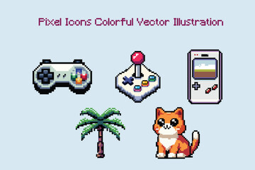 Level up your designs with this colorful pixel icon set! Featuring a retro controller, arcade joystick, handheld console, tropical palm, and a cute pixel cat
