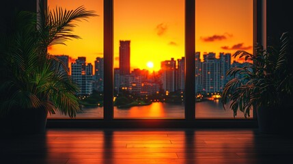 Sunset view of city skyline from room with potted plants